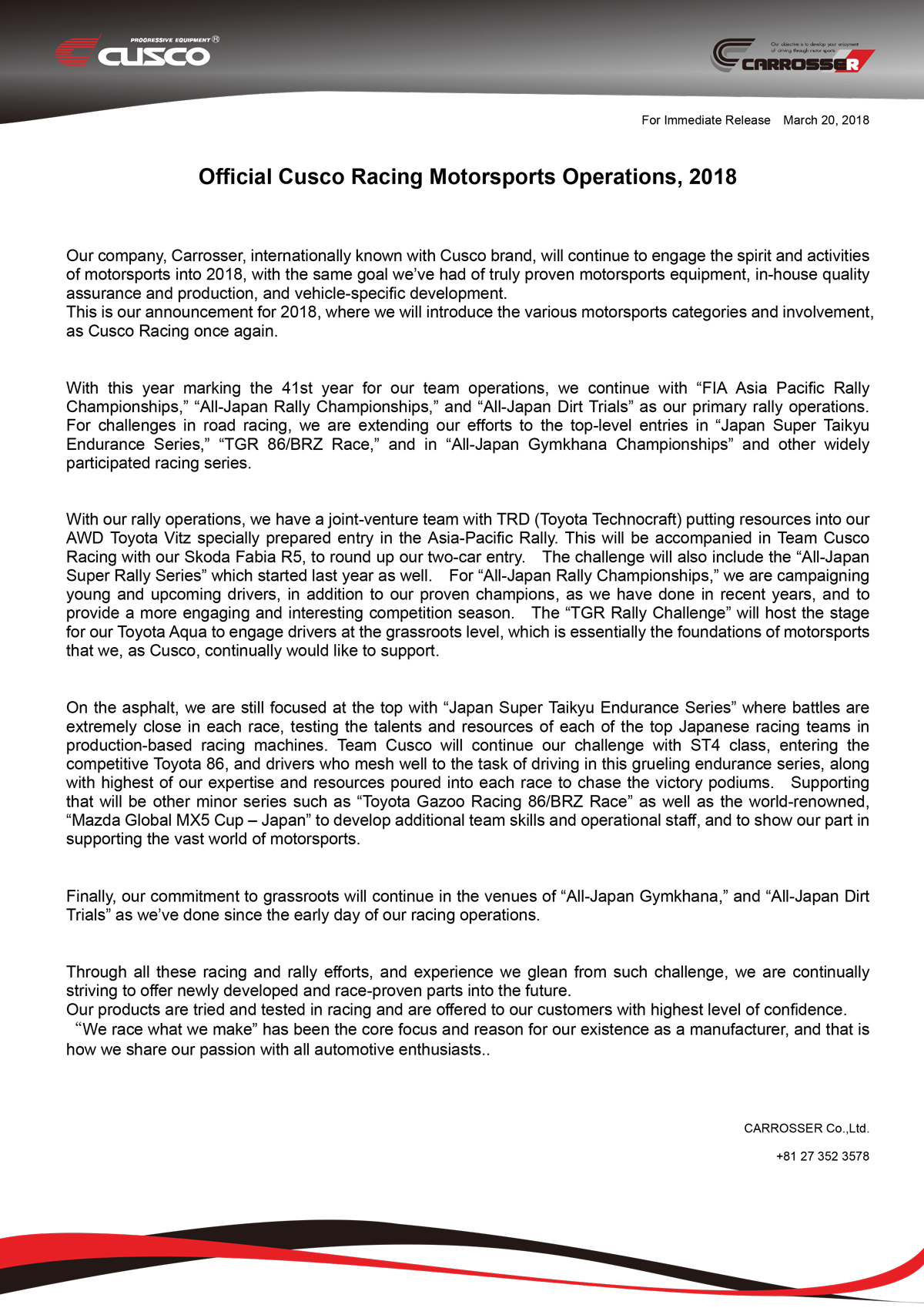 Official Cusco Racing Motorsports Operations, 2018