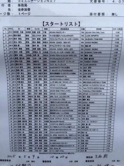 全日本ラリー第2戦久万高原スタートリスト